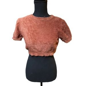 Altar'd State Fuzzy Eyelash Cropped Top Crew Neck Short Sleeve S